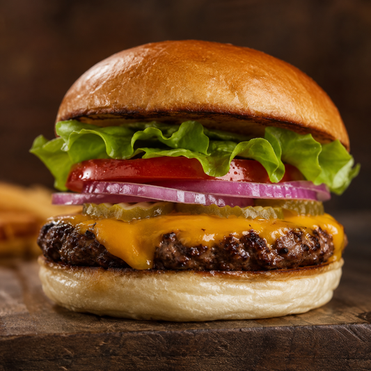 Mouth watering cheeseburger made with pasture raised Angus ground beef topped with melted cheese, fresh lettuce, tomato, and a toasted bun