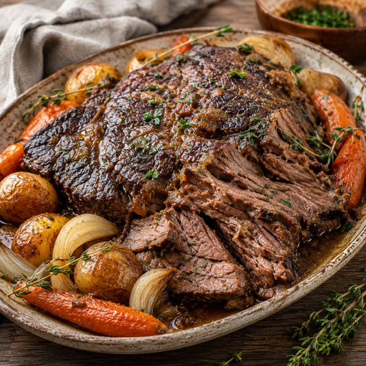 Slow cooked Angus Chuck Roast with vegetables from Diamond B Ranch