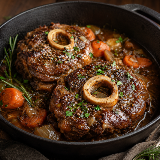 Braised Osso Buco beef shank with rich sauce from Diamond B Ranch