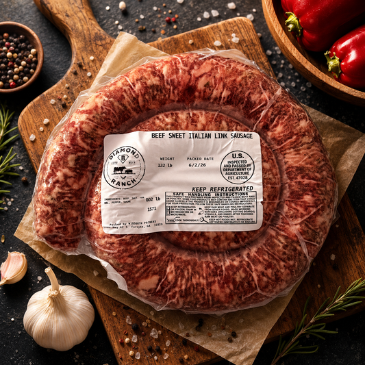 Wrapped beef sweet Italian link sausage with a label on a wooden cutting board, surrounded by spices and herbs.