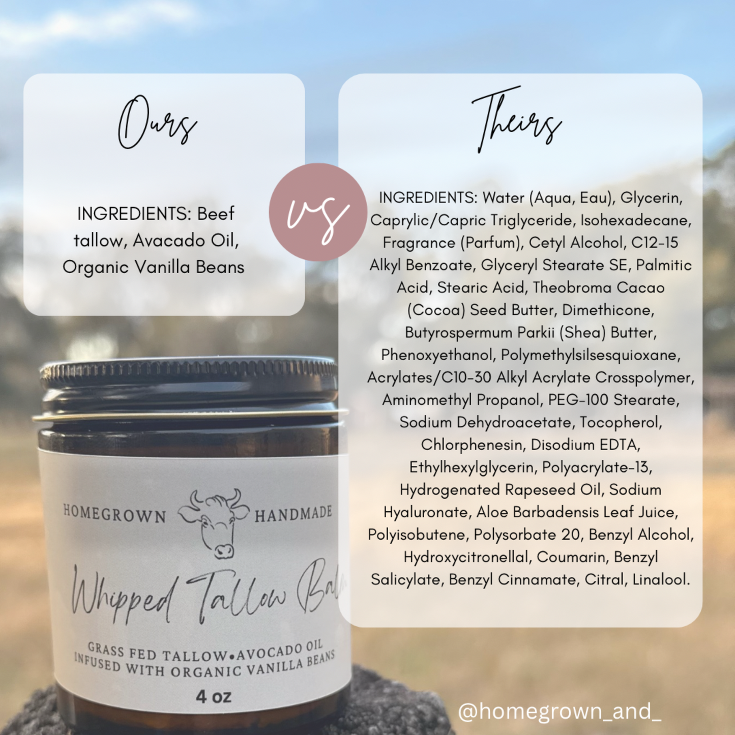 Two jars of Whipped Tallow. The jar on the left has a label with the product name and a list of ingredients including Beef Tallow, Avocado Oil, and Organic Vanilla Beans.