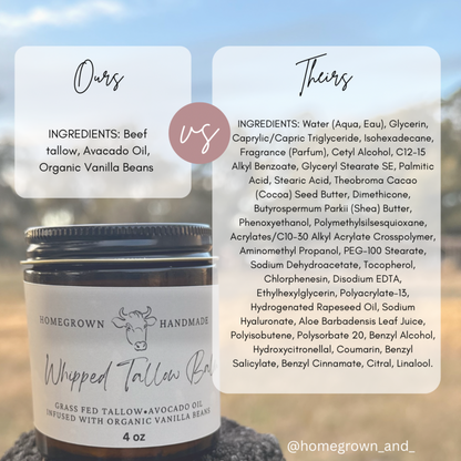 Two jars of Whipped Tallow. The jar on the left has a label with the product name and a list of ingredients including Beef Tallow, Avocado Oil, and Organic Vanilla Beans.